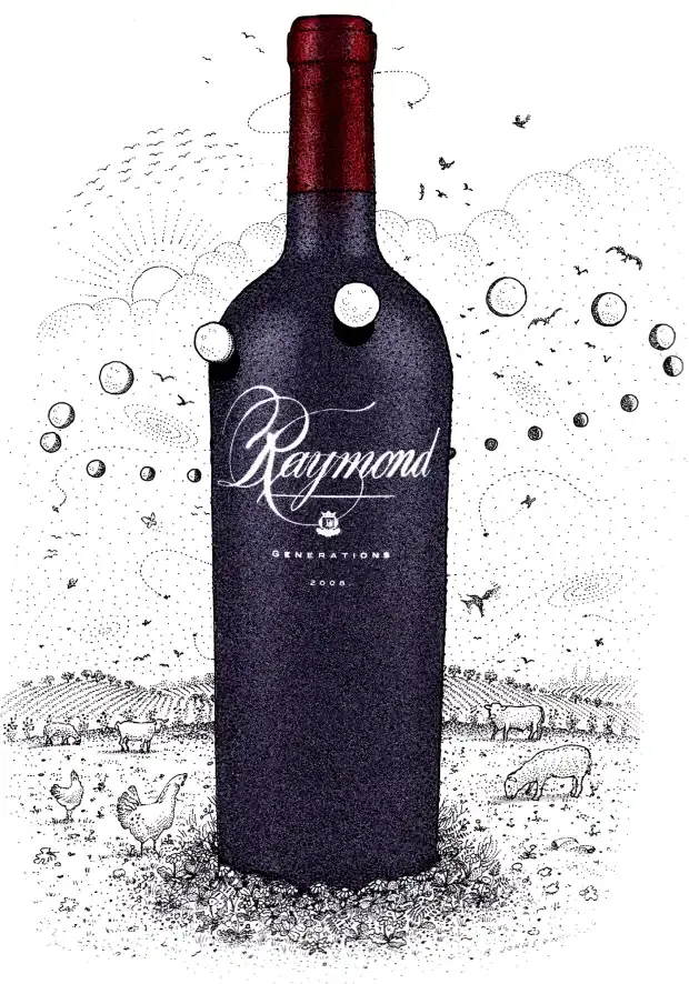 Illustrated bottle of Raymond Vineyards wine surrounded by farm animals and the moon phases